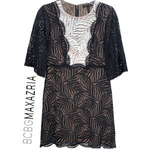 Bcbgmaxazria $298 “Lourin” Black & White Scalloped Lace Eyelash Trim Dress